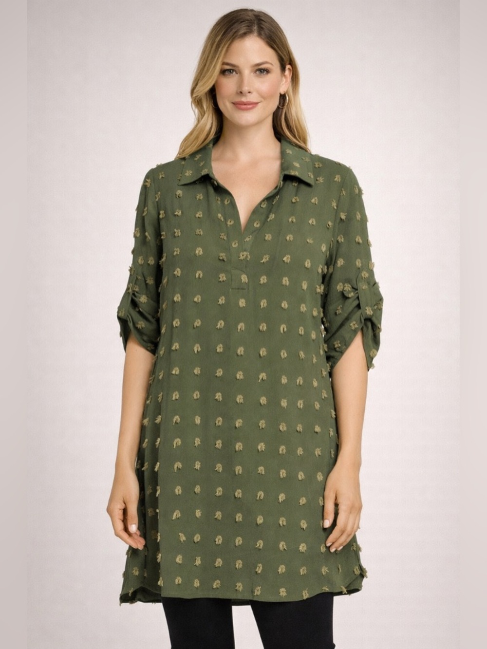 Olive Green Swiss Dot Tunic/Dress – Split V-Neck Roll-Tab Sleeve
